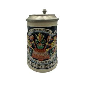 Vintage Gerz West Germany Beer Stein With Pewter Lid & Hopfen u. Malz Design